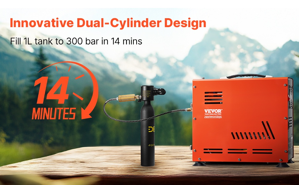 PCP-ilmakompressori täyttämässä 0.5L säiliötä