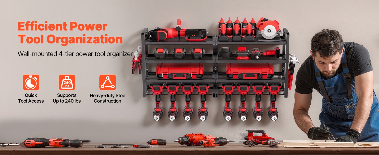 Seinään asennettava sähkötyökalujen järjestelijä, yleisnäkymä