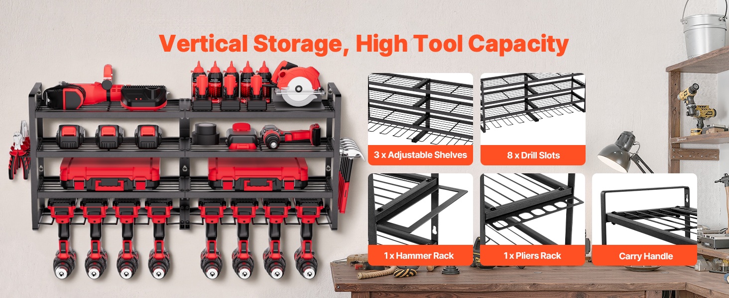 Kerroksittainen säilytys akuille, työkalupakeille ja porille