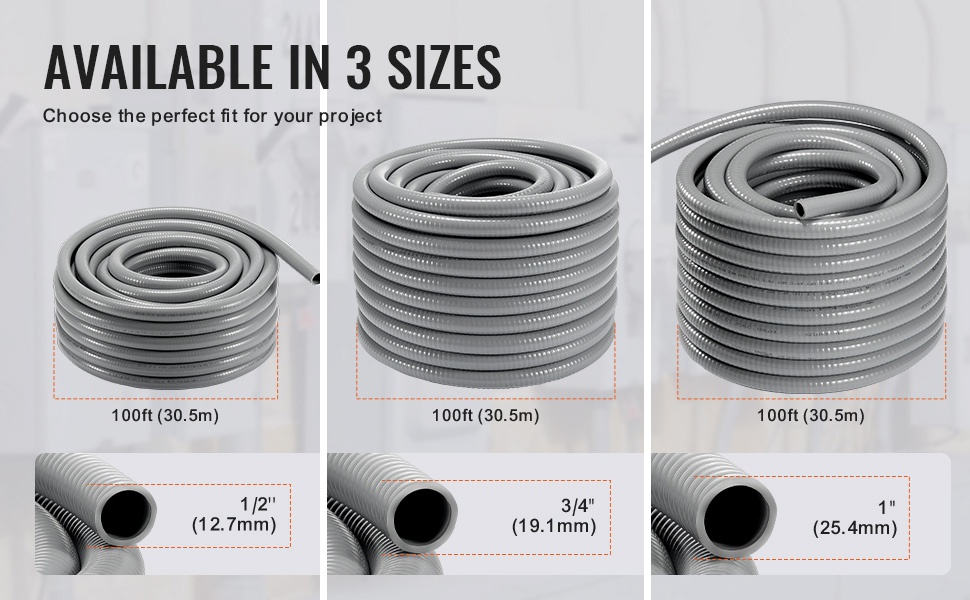 Kolme eri kokoa joustavaa sähköistä suojaputkea