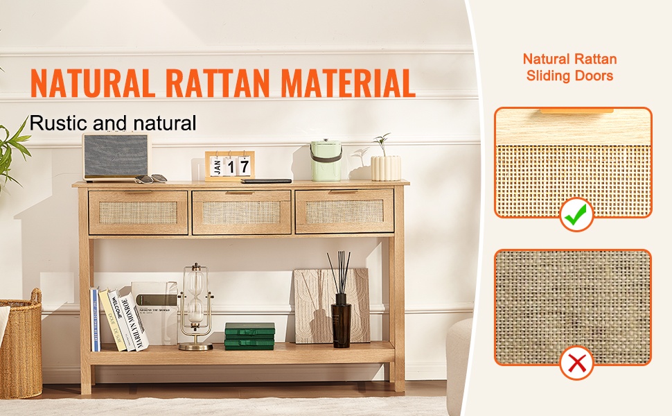 Rottinkinen konsolipöytä olohuoneessa