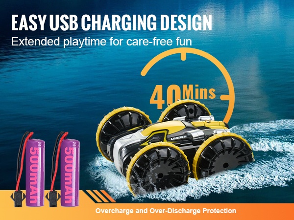 Pitkä leikkiaika kahdella akulla ja USB-latauksella