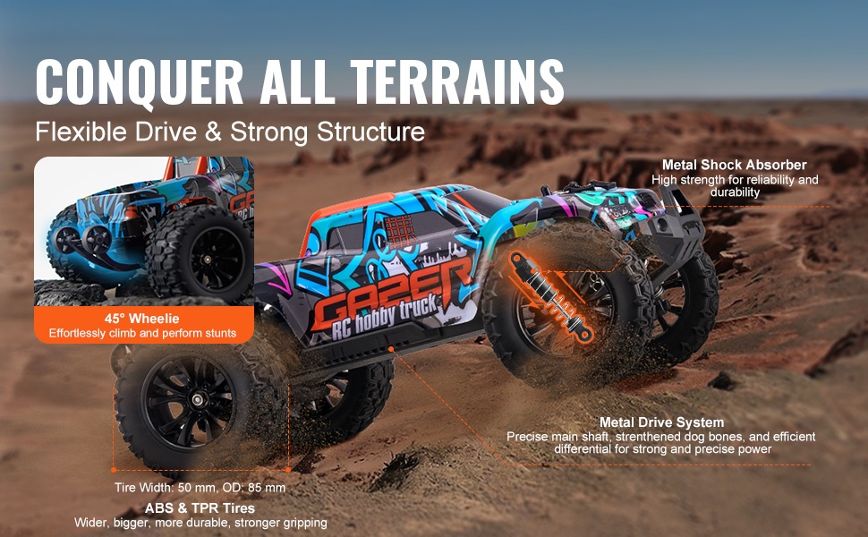 Radio-ohjattava maastoauto, lähikuva renkaista ja iskunvaimentimista