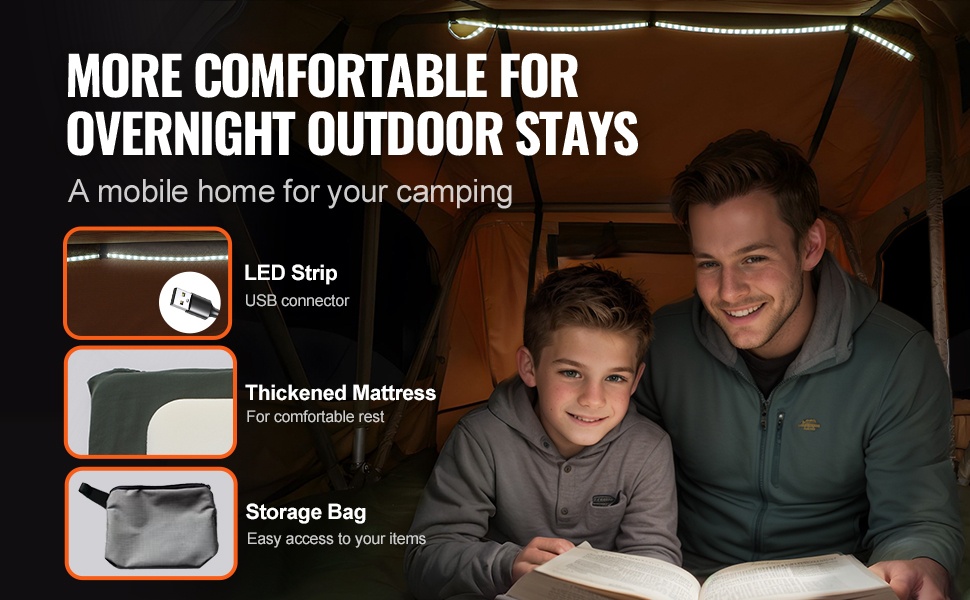 Kattoteltan sisätila patjan ja LED-valonauhan kanssa