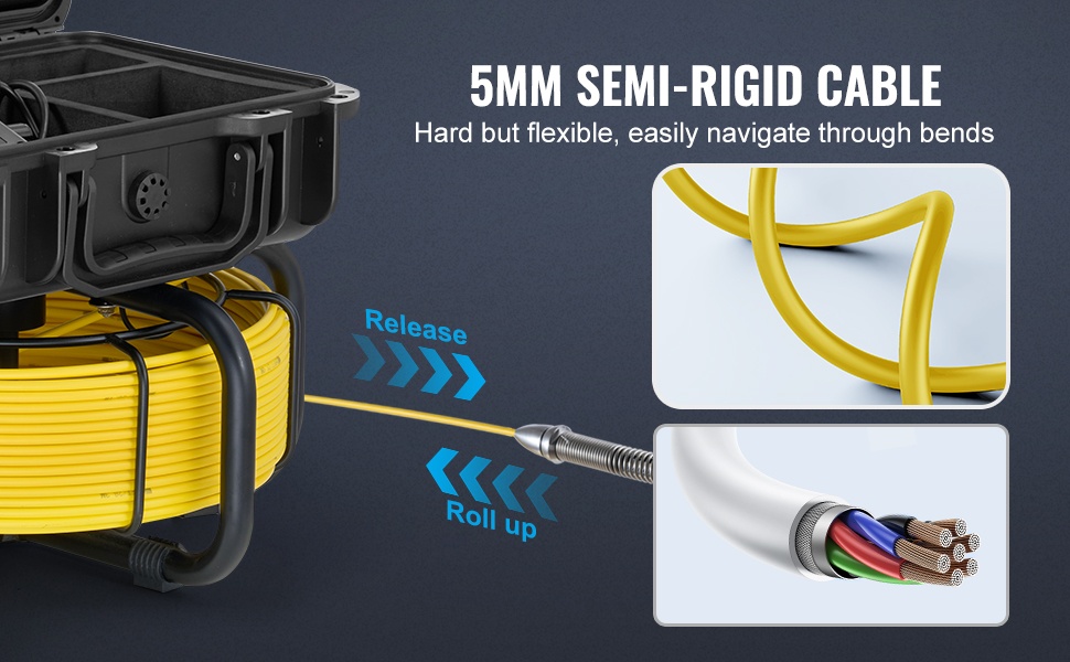 Puolijäykkä työntökaapeli ja kela
