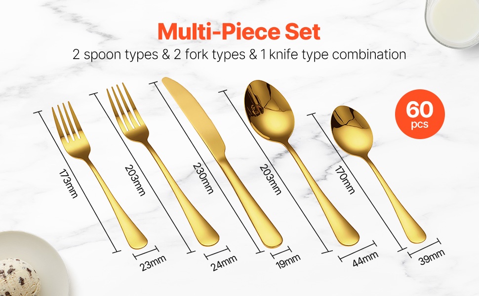 Monipuolinen kokoonpano: lusikat, haarukat, veitset ja tarjoiluosat