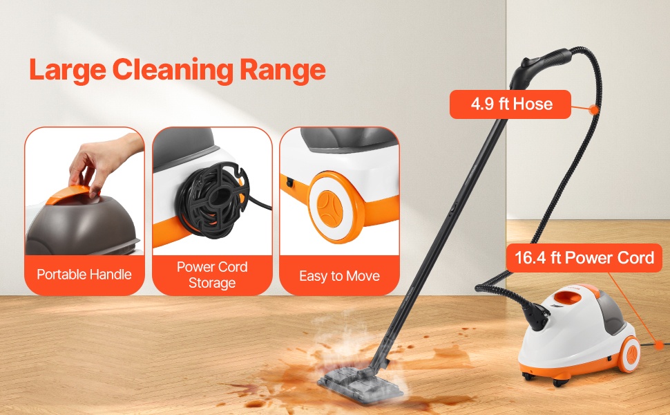 Höyrypuhdistin, pitkä letku ja virtajohto