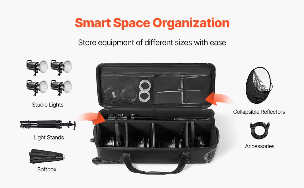 Studiovarustelaukku, tila studiovaloille ja jaloille