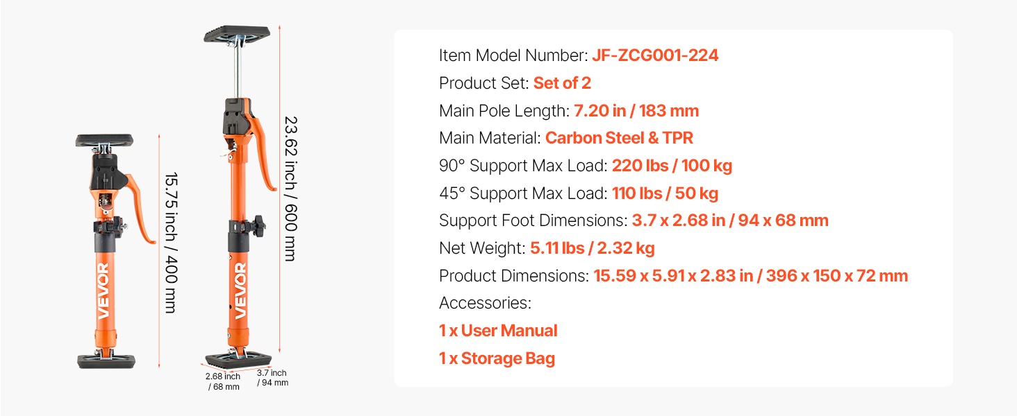 Teleskooppiset tukitangot eri pituuksilla