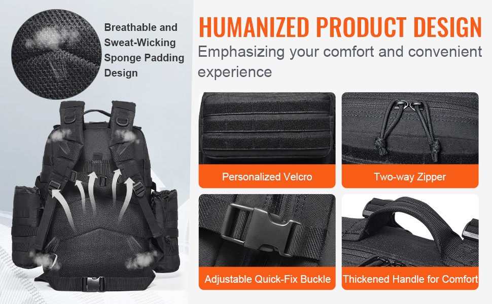 Taktinen reppu, selkäpehmuste ja vetoketjut