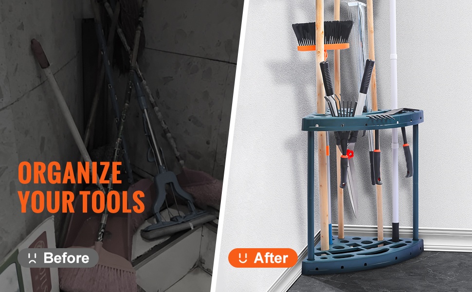 Järjestetyt puutarhatyökalut telineessä