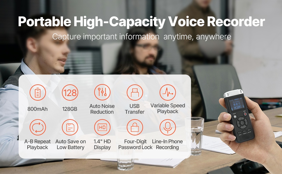 Digitaalinen ääninauhuri 1.4 tuuman näytöllä