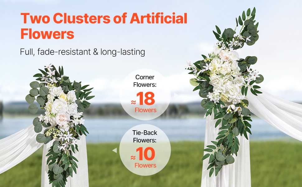 Silkkikukista koostuvat kukkaryhmät hääkaareen