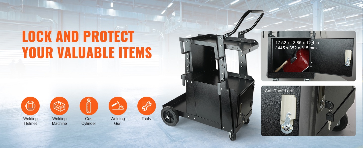 Kaksitasoinen hitsausvaunu ja lukittava kaappi