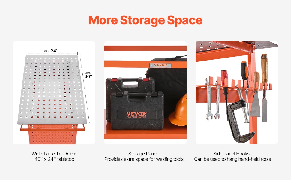 Hitsauspöydän kiinnitysreiät ja säilytyshyllyt