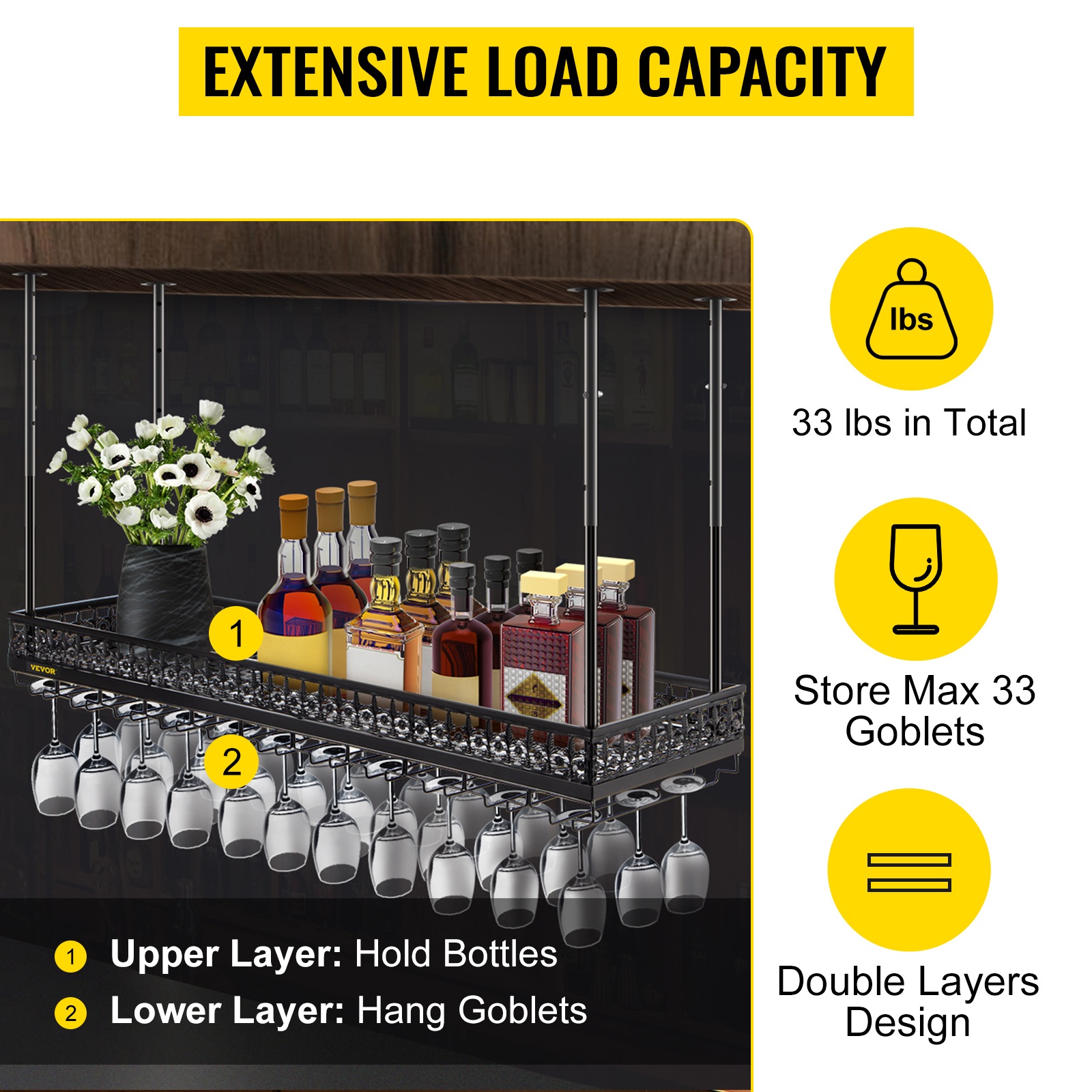 Viinilasi- ja pullotelineen kantokyky